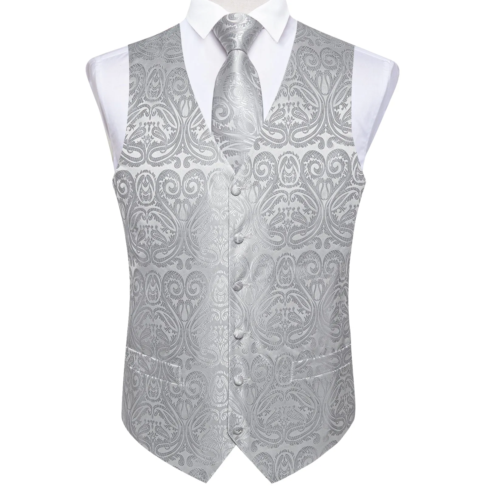 Silver Grey Paisley Jacquard Silk Men's Vest Hanky Cufflinks Necktie Bowtie Set