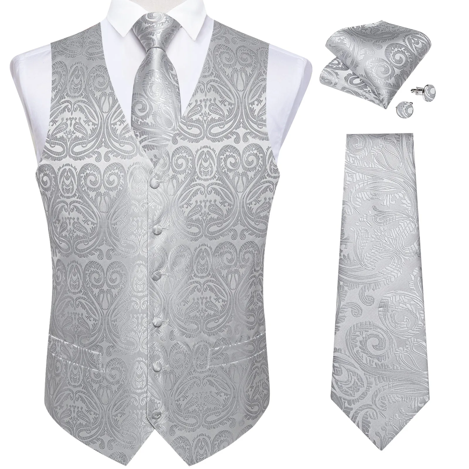 Silver Grey Paisley Jacquard Silk Men's Vest Hanky Cufflinks Necktie Bowtie Set