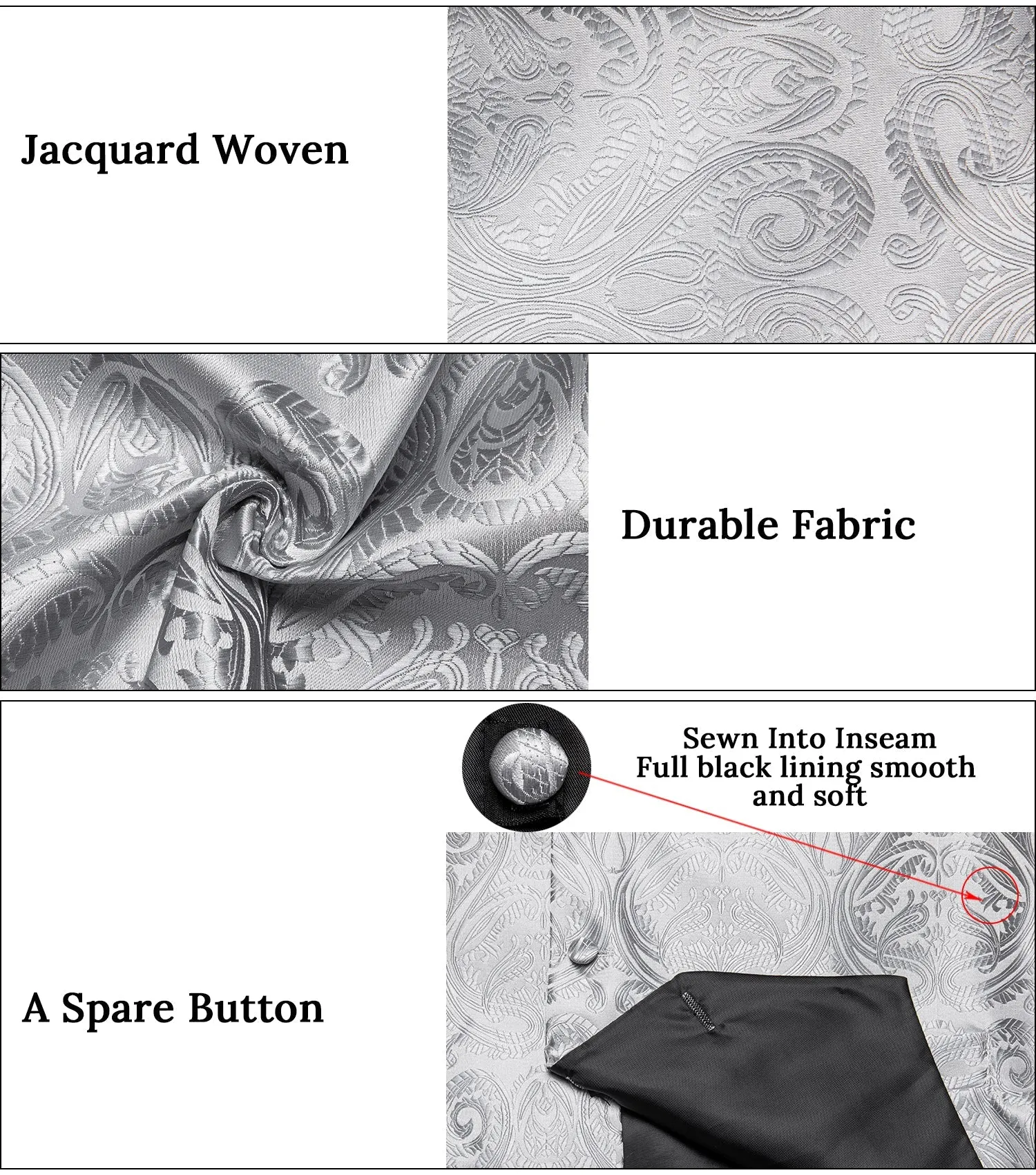 Silver Grey Paisley Jacquard Silk Men's Vest Hanky Cufflinks Necktie Bowtie Set