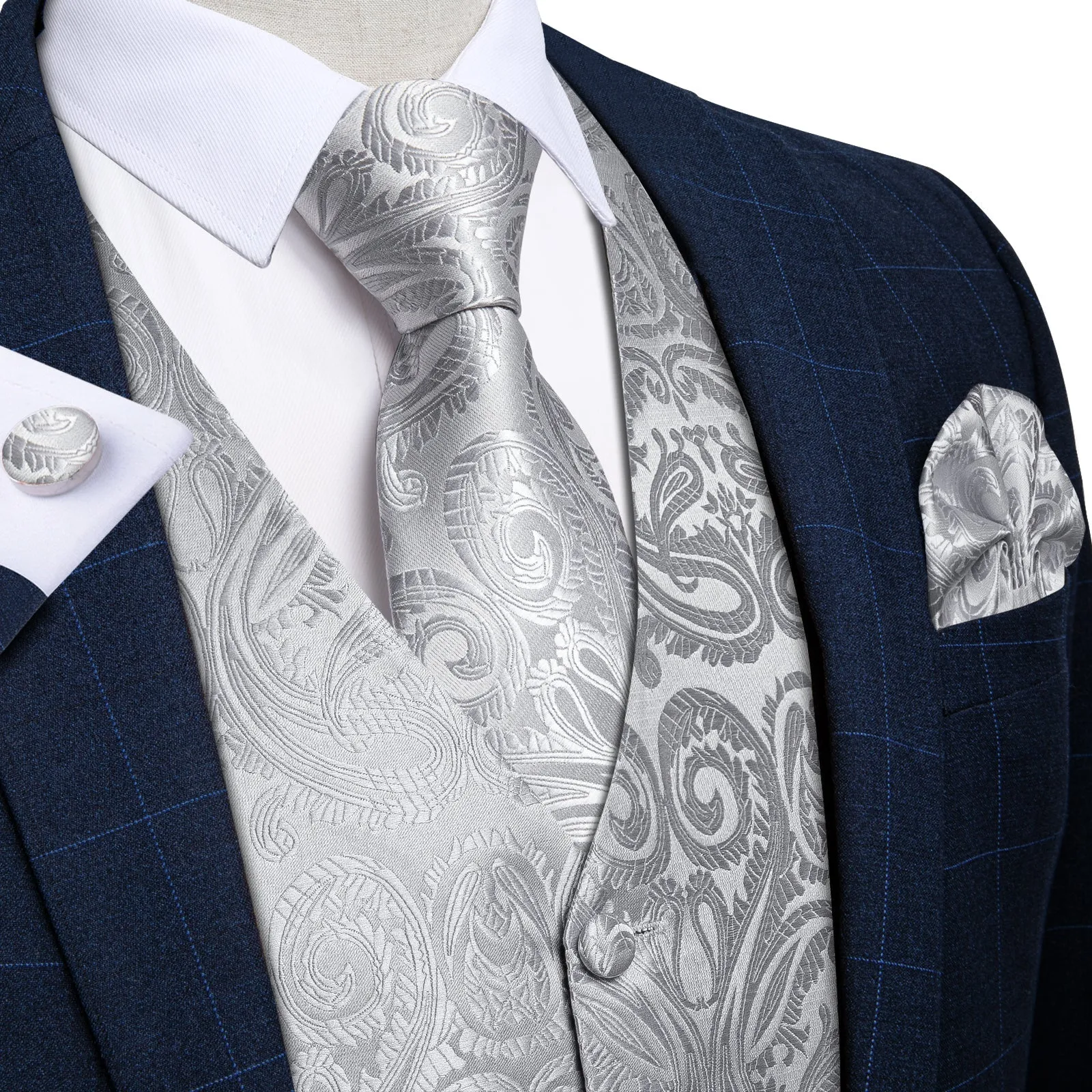 Silver Grey Paisley Jacquard Silk Men's Vest Hanky Cufflinks Necktie Bowtie Set