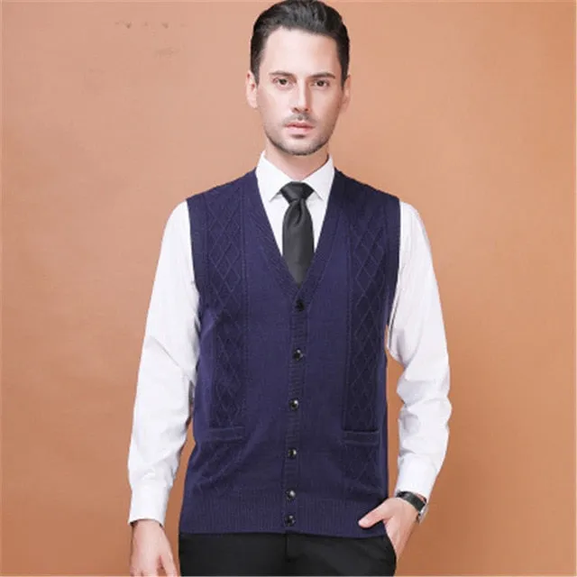 Soft Wool Mens Sleeveless Sweaters High Quality Fashion Pure Colors Mens V Neck Sweater Brand Clothes Slim fit Male Vest Sweater