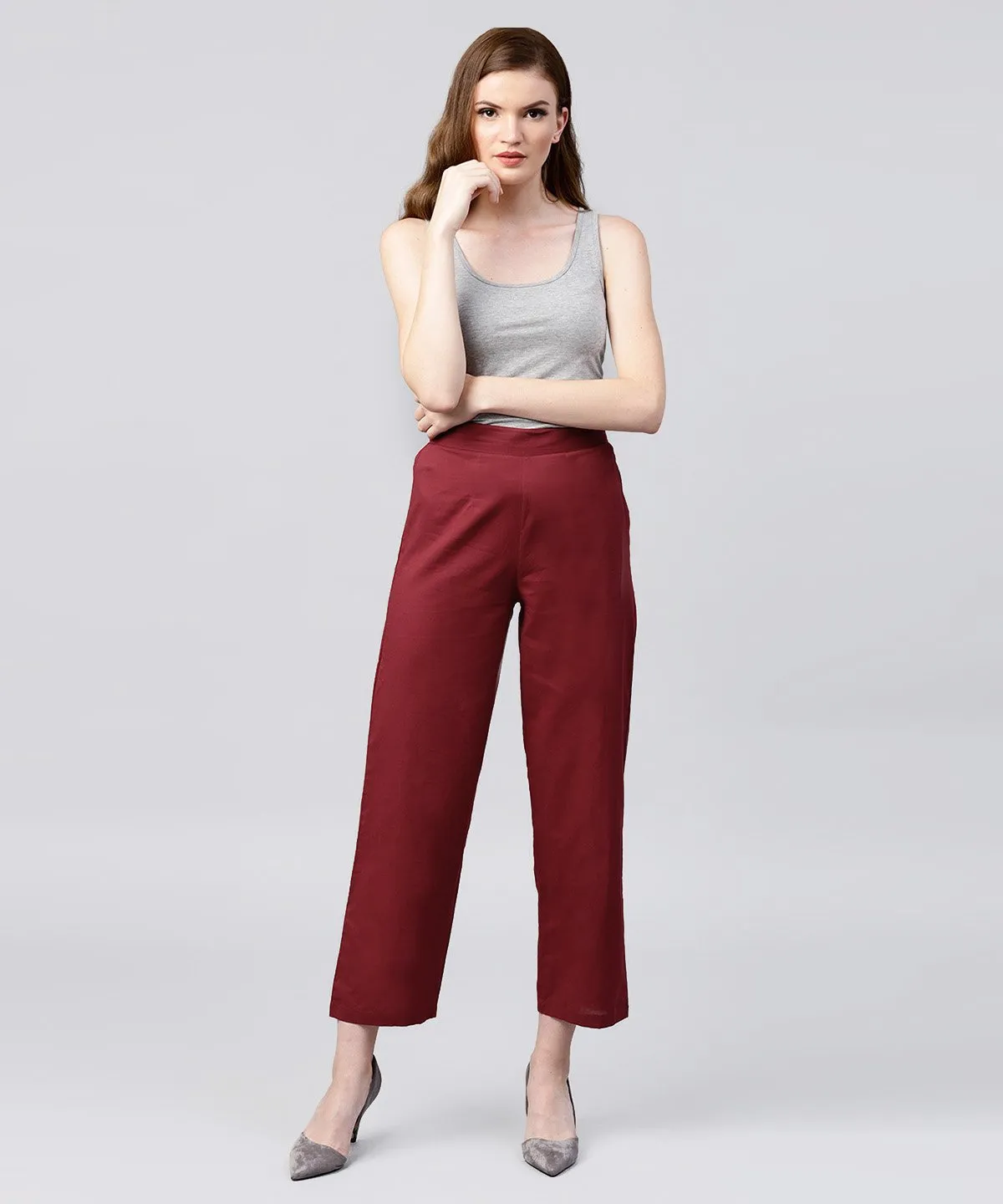 Solid Maroon Ankle Length Cotton Regular Fit Trouser