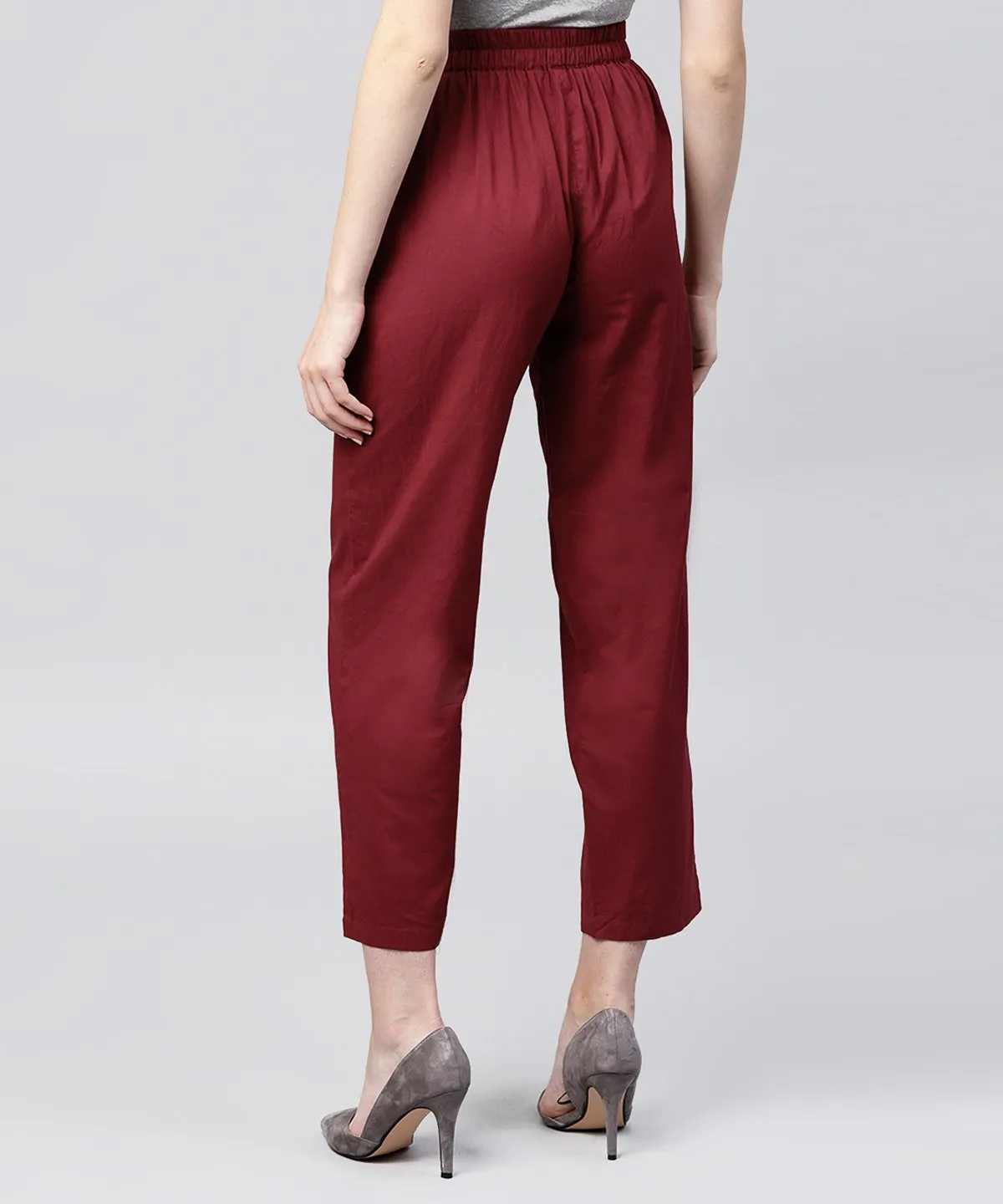 Solid Maroon Ankle Length Cotton Regular Fit Trouser