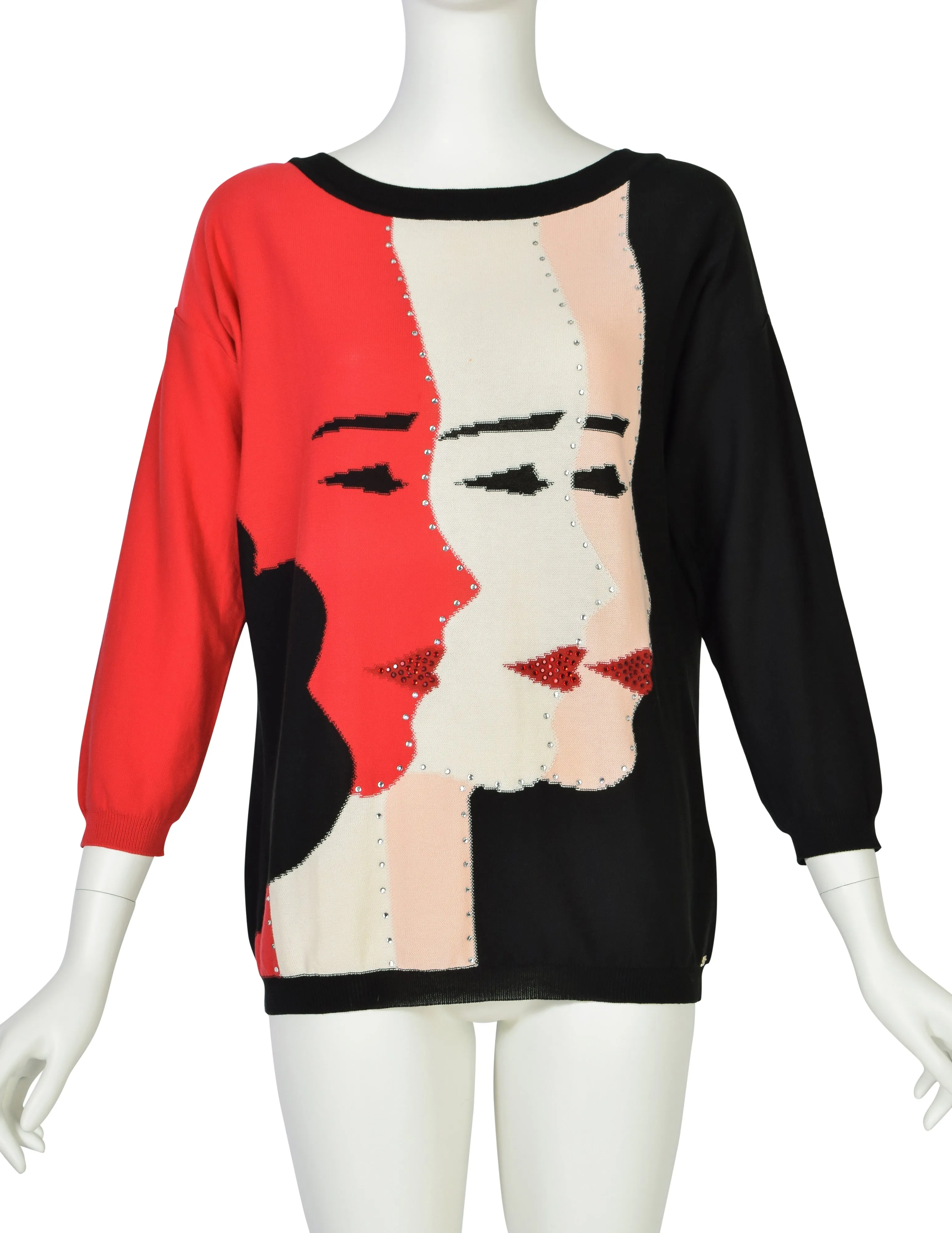 Sonia Rykiel Vintage Faces Black Red White Pink Rhinestone Sweater