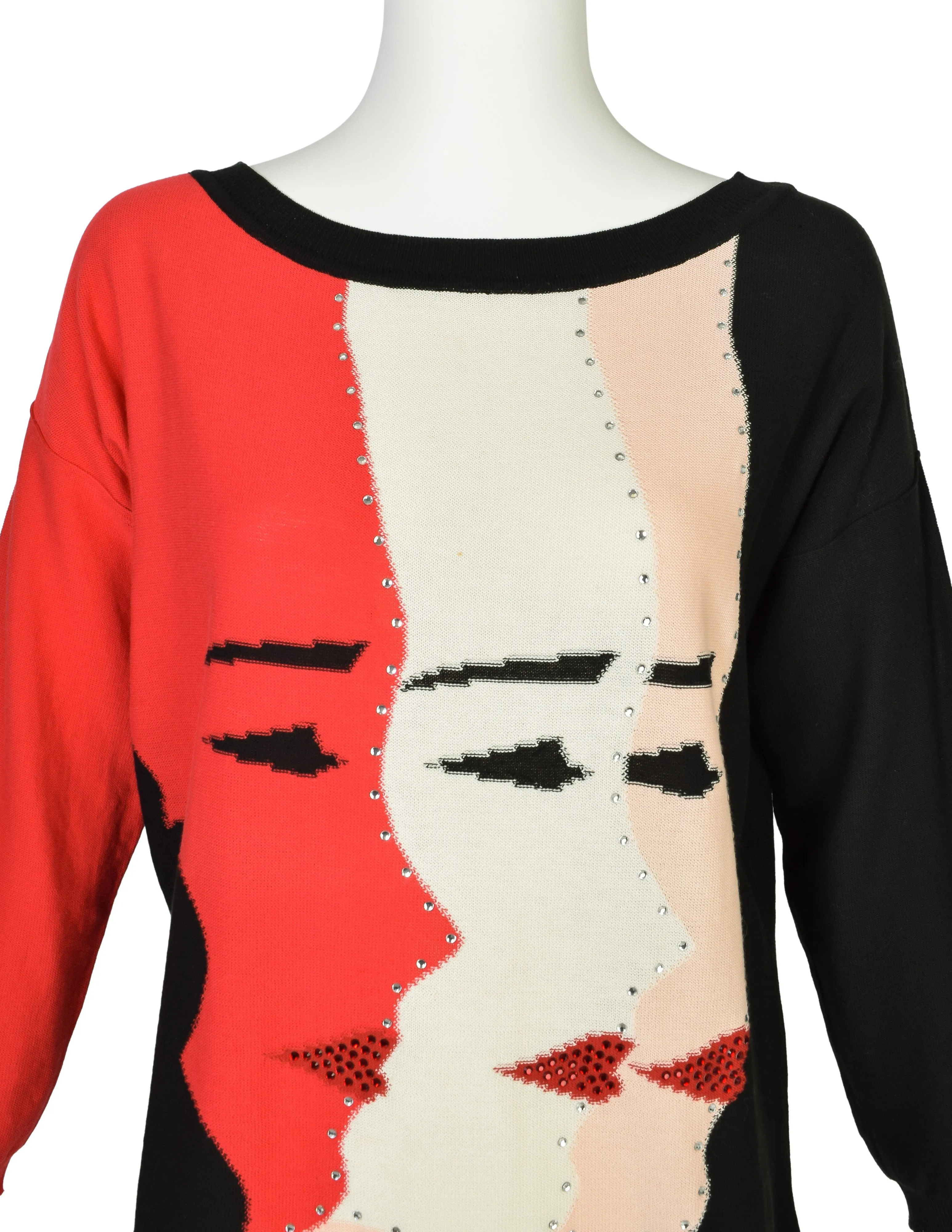 Sonia Rykiel Vintage Faces Black Red White Pink Rhinestone Sweater