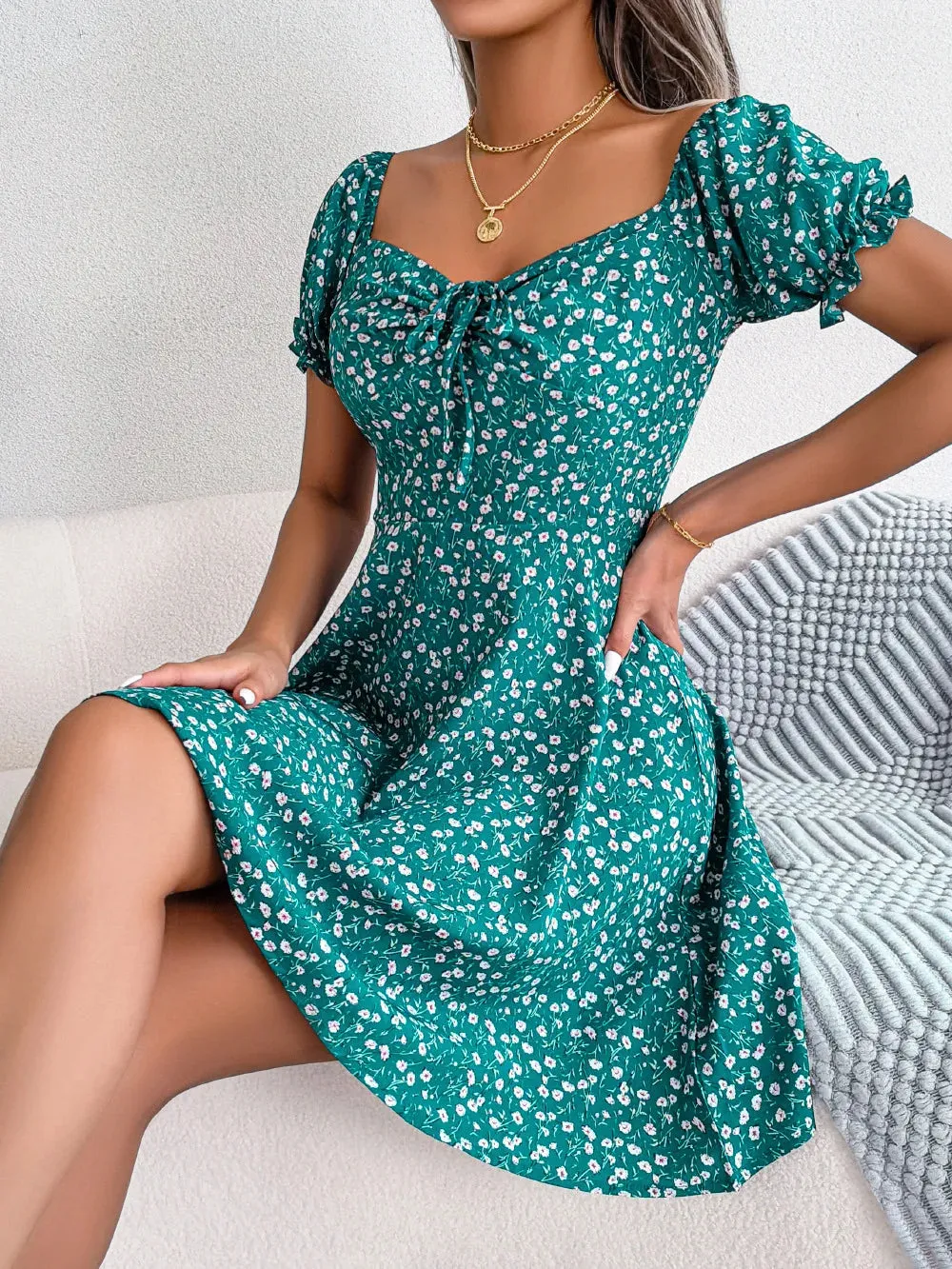 Spring Summer Square Collar Floral Ruffles Mini Dress Women Casual Flare Sleeves Drawstring Lace up Print A Line Dress