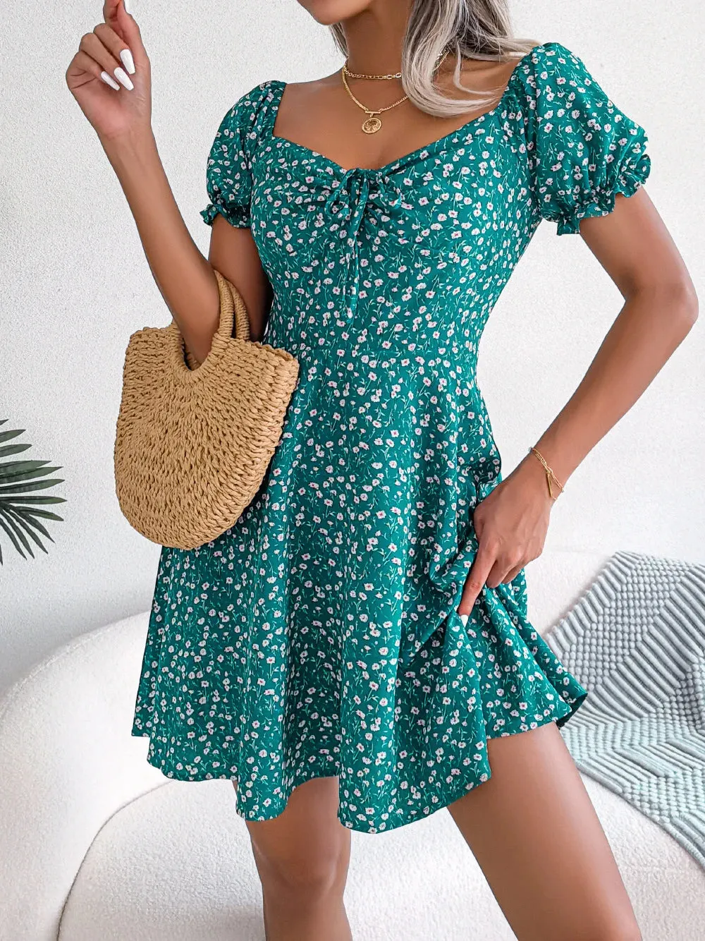 Spring Summer Square Collar Floral Ruffles Mini Dress Women Casual Flare Sleeves Drawstring Lace up Print A Line Dress