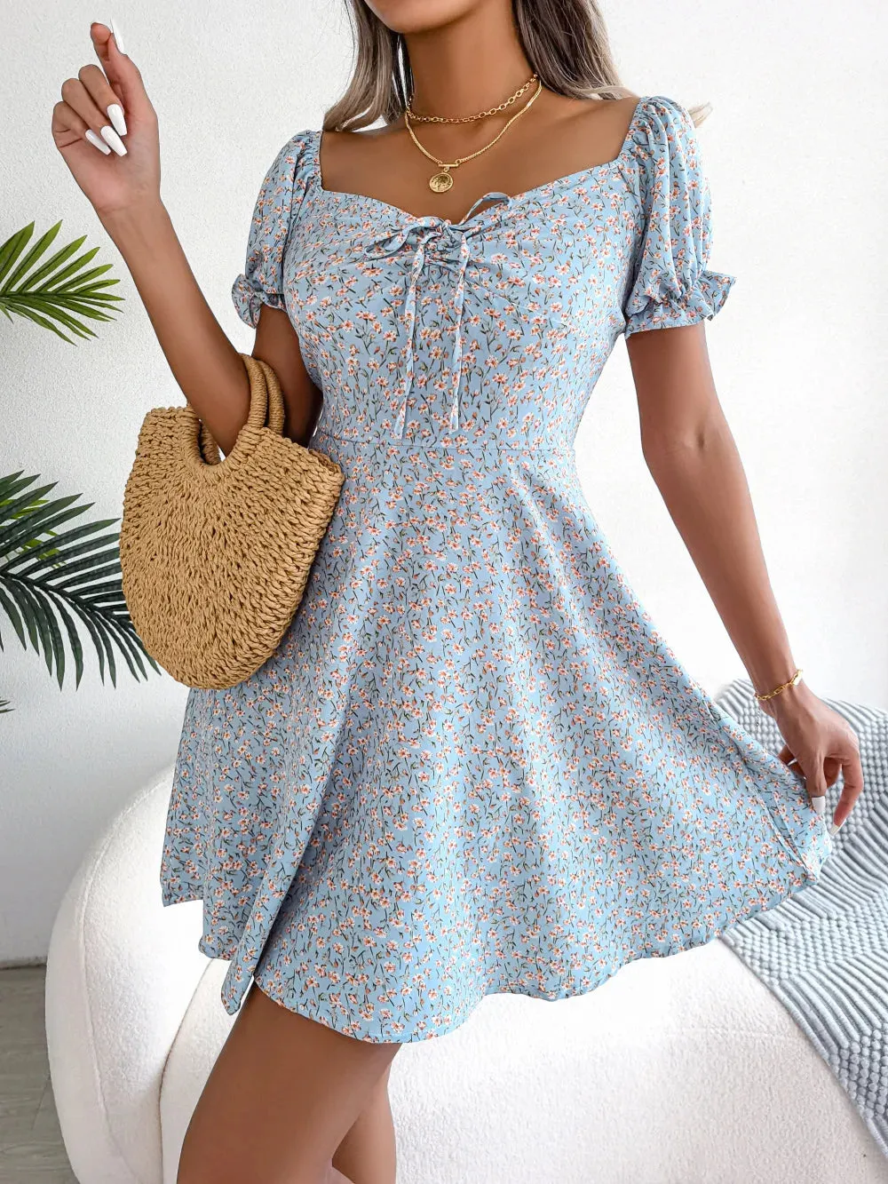 Spring Summer Square Collar Floral Ruffles Mini Dress Women Casual Flare Sleeves Drawstring Lace up Print A Line Dress