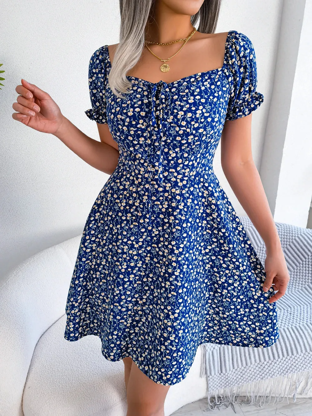 Spring Summer Square Collar Floral Ruffles Mini Dress Women Casual Flare Sleeves Drawstring Lace up Print A Line Dress