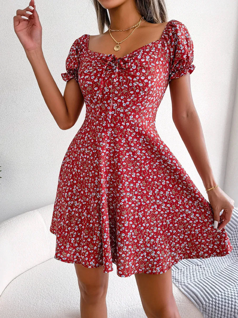 Spring Summer Square Collar Floral Ruffles Mini Dress Women Casual Flare Sleeves Drawstring Lace up Print A Line Dress