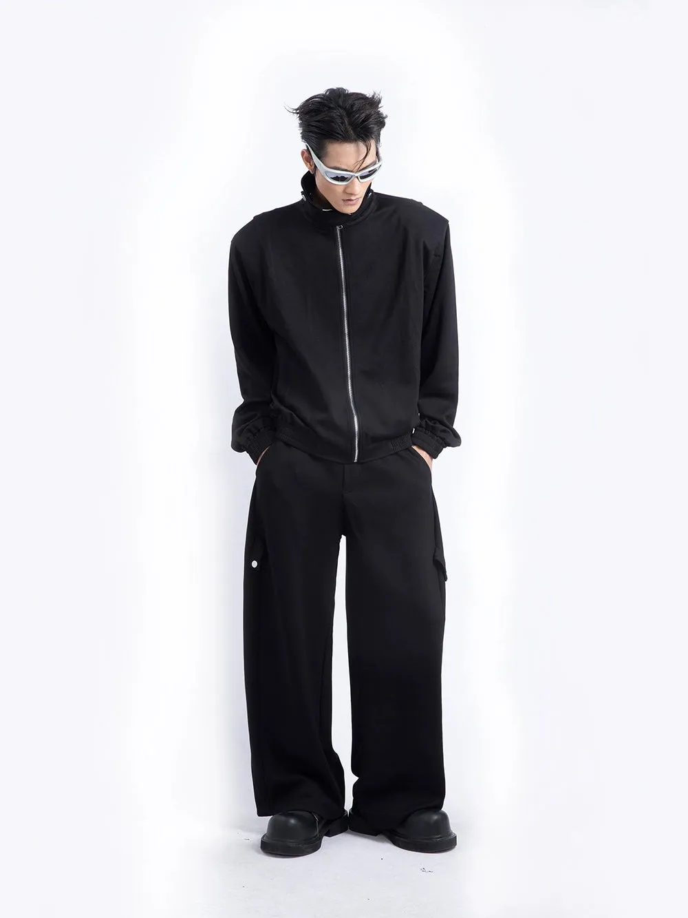 Stand Neck Shoulder Pad Zipper Jacket & Wide Leg Sweatpants Setup WN9259