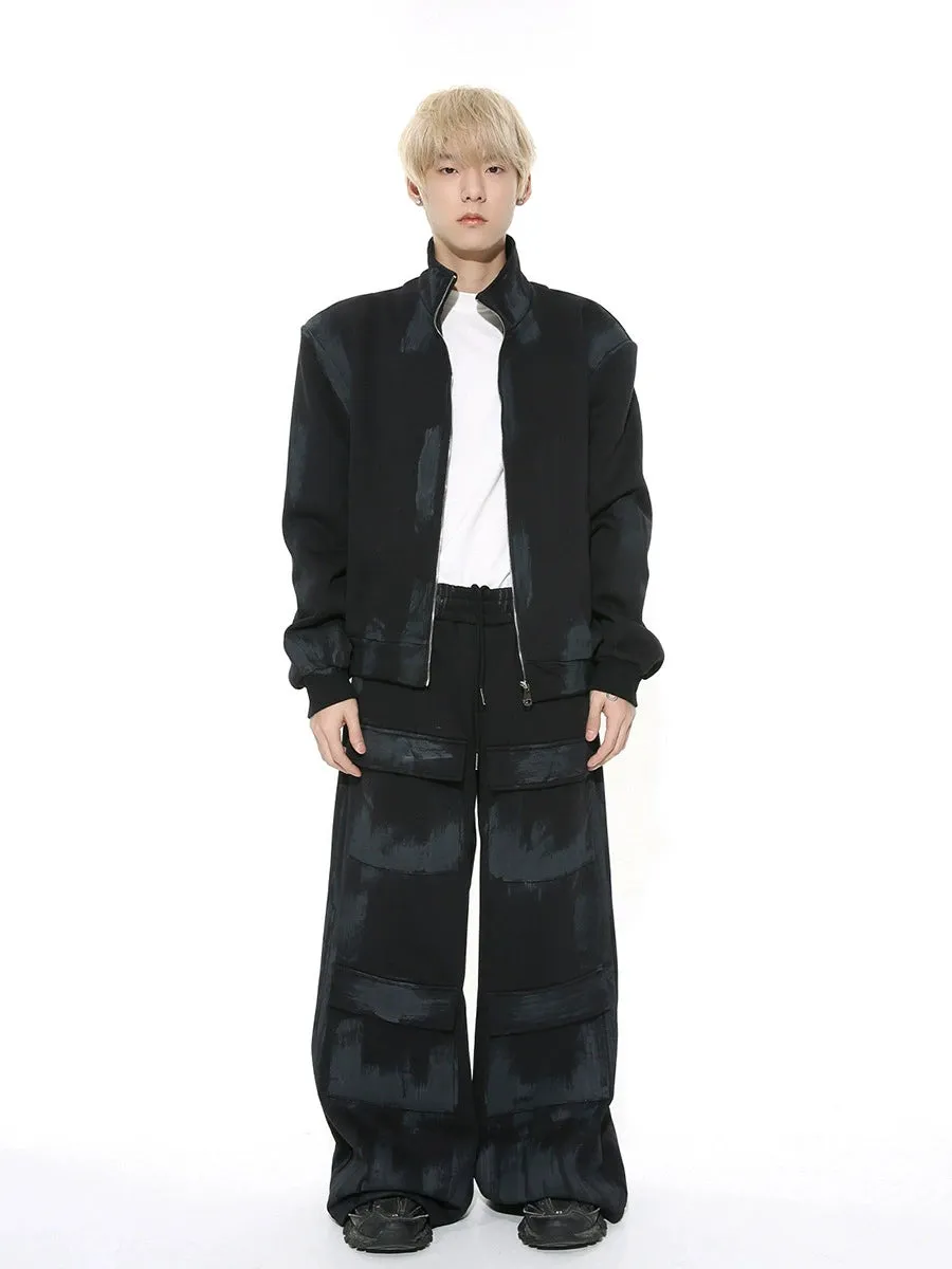 Stand Neck Sporty Sweatshirt Jacket & Wide Leg Cargo Sweatpants Setup WN7455