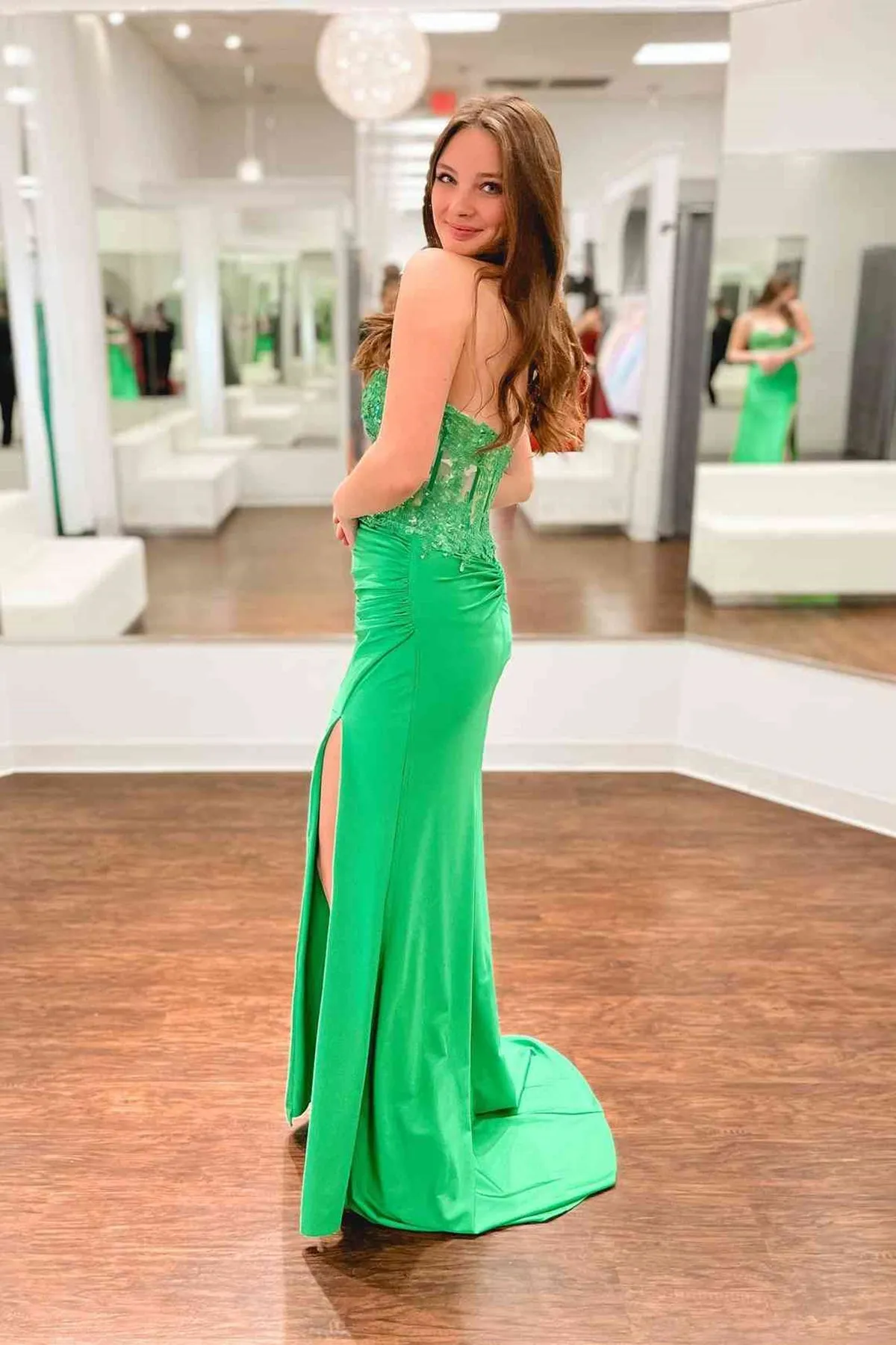 Strapless Mermaid Green Lace Long Prom Dress with High Slit, Mermaid Green Formal Dress, Green Lace Evening Dress A1820