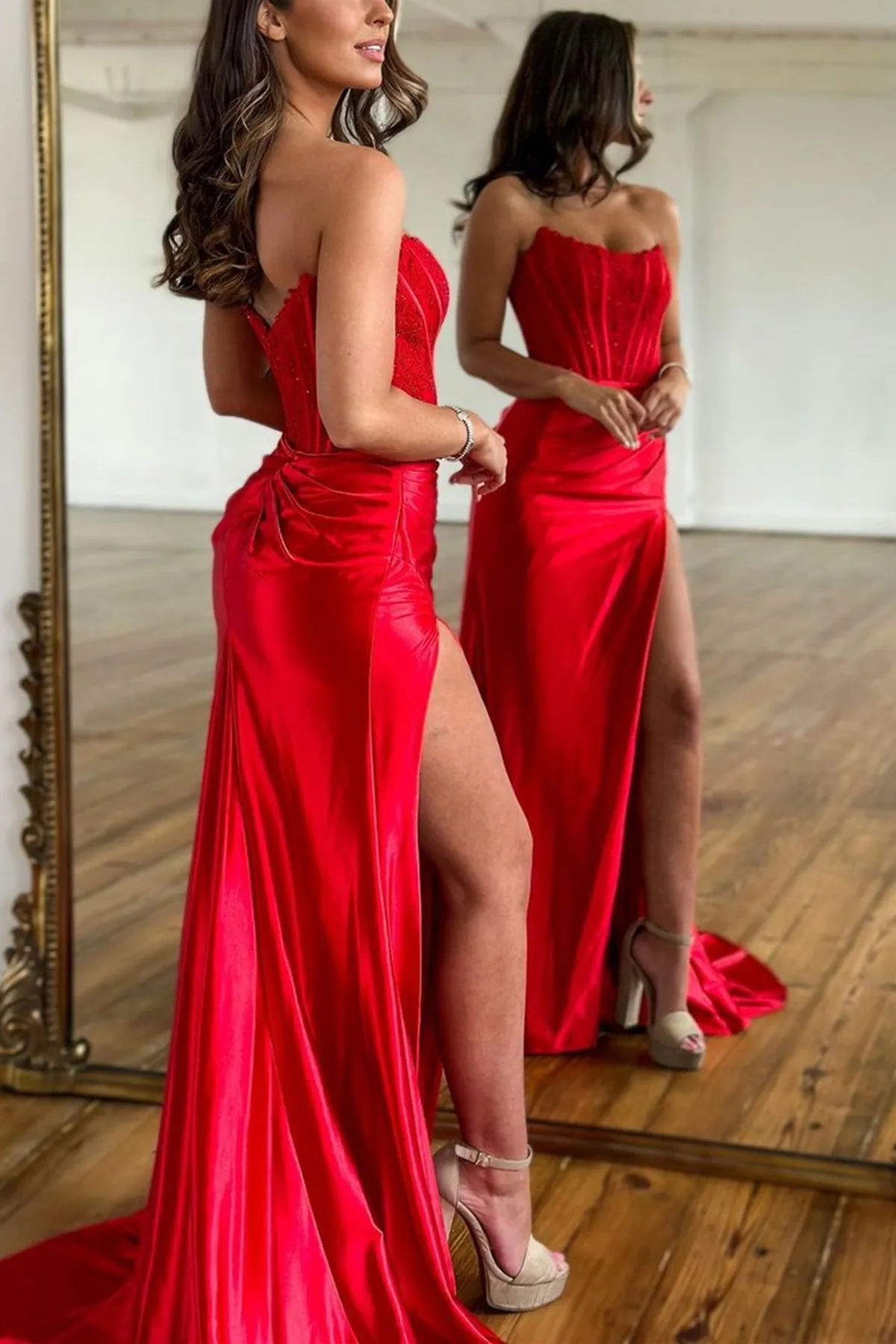 Strapless Mermaid Red Lace Long Prom Dress, Mermaid Red Formal Dress, Red Lace Evening Dress A1824