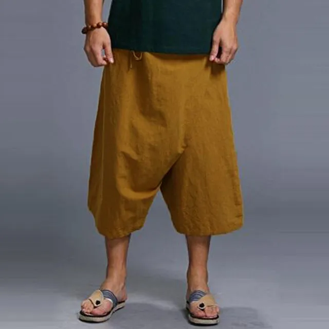 Streetwear Summer Harem Pants Men Baggy Wide Leg Harajuku Crotch Calf Length Drawstring Vacation Beach Cool Trousers Joggers