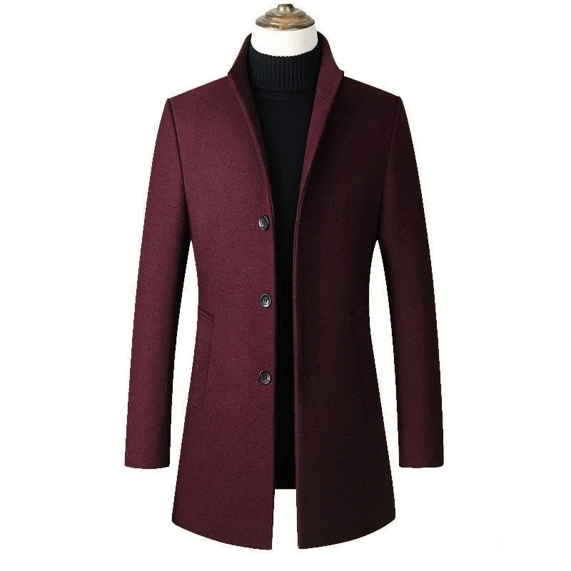 Stylish men's wool coat with stand collar | Single-breasted design, warm outerwear for autumn and winter