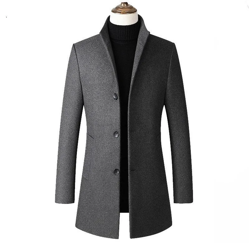 Stylish men's wool coat with stand collar | Single-breasted design, warm outerwear for autumn and winter