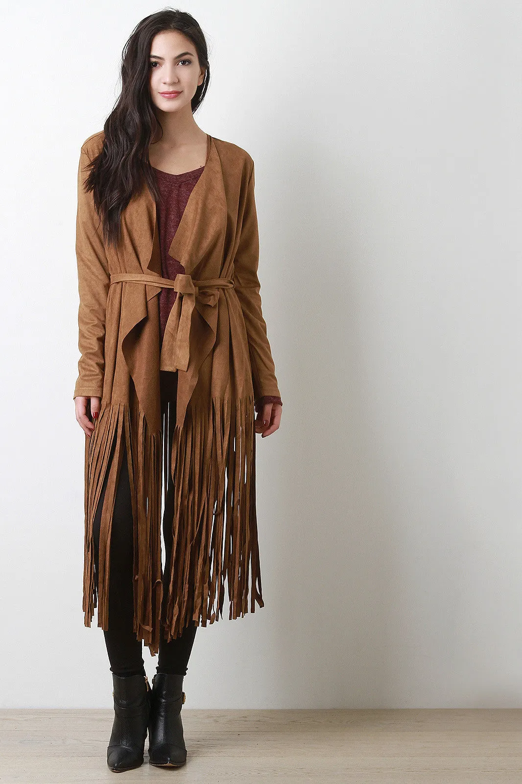 Suede Long Fringe Belted Trench Coat