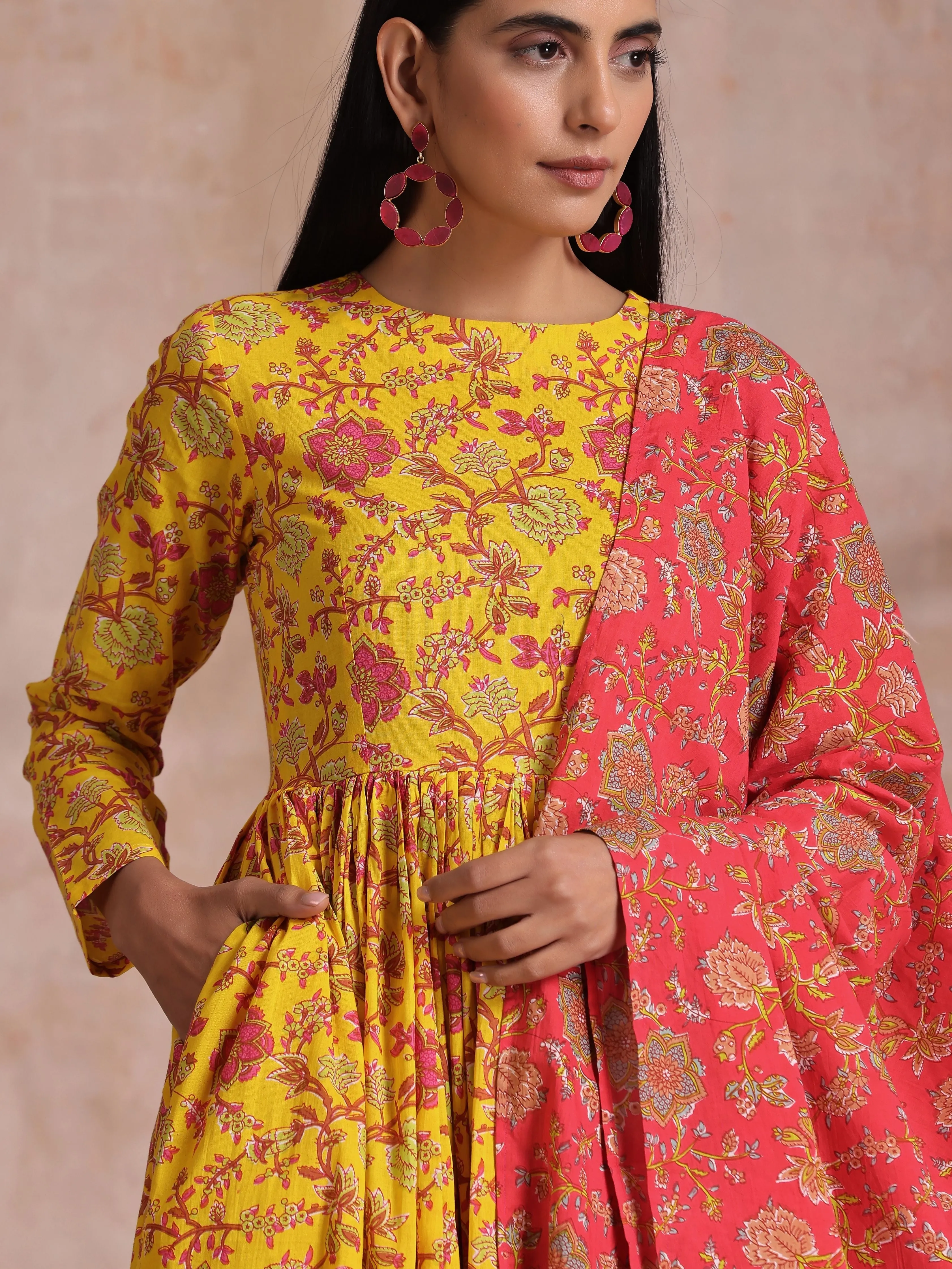 Sunshine Yellow Overall Floral Block Print Cotton Kurta Pant Dupatta Set