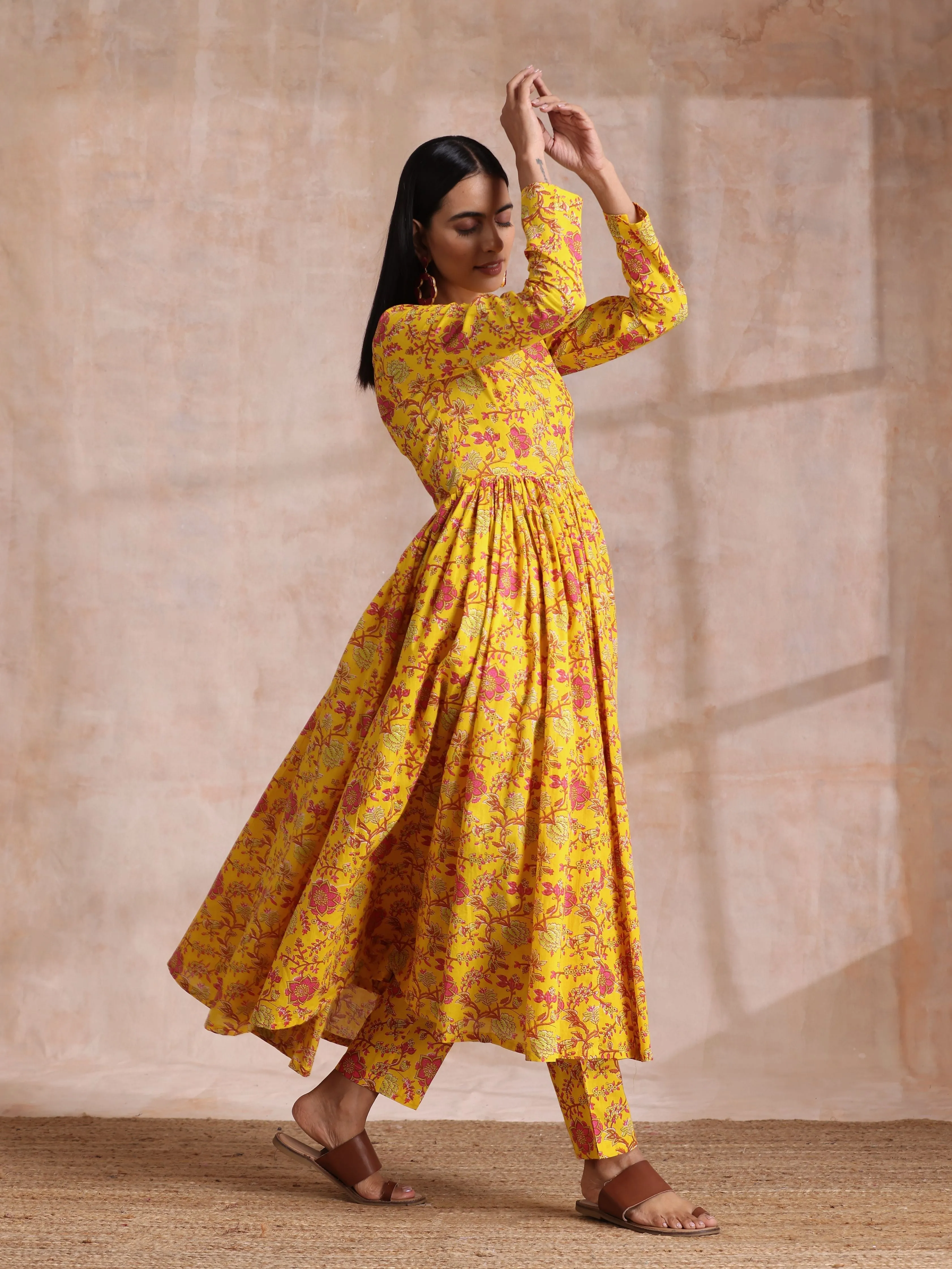 Sunshine Yellow Overall Floral Block Print Cotton Kurta Pant Dupatta Set