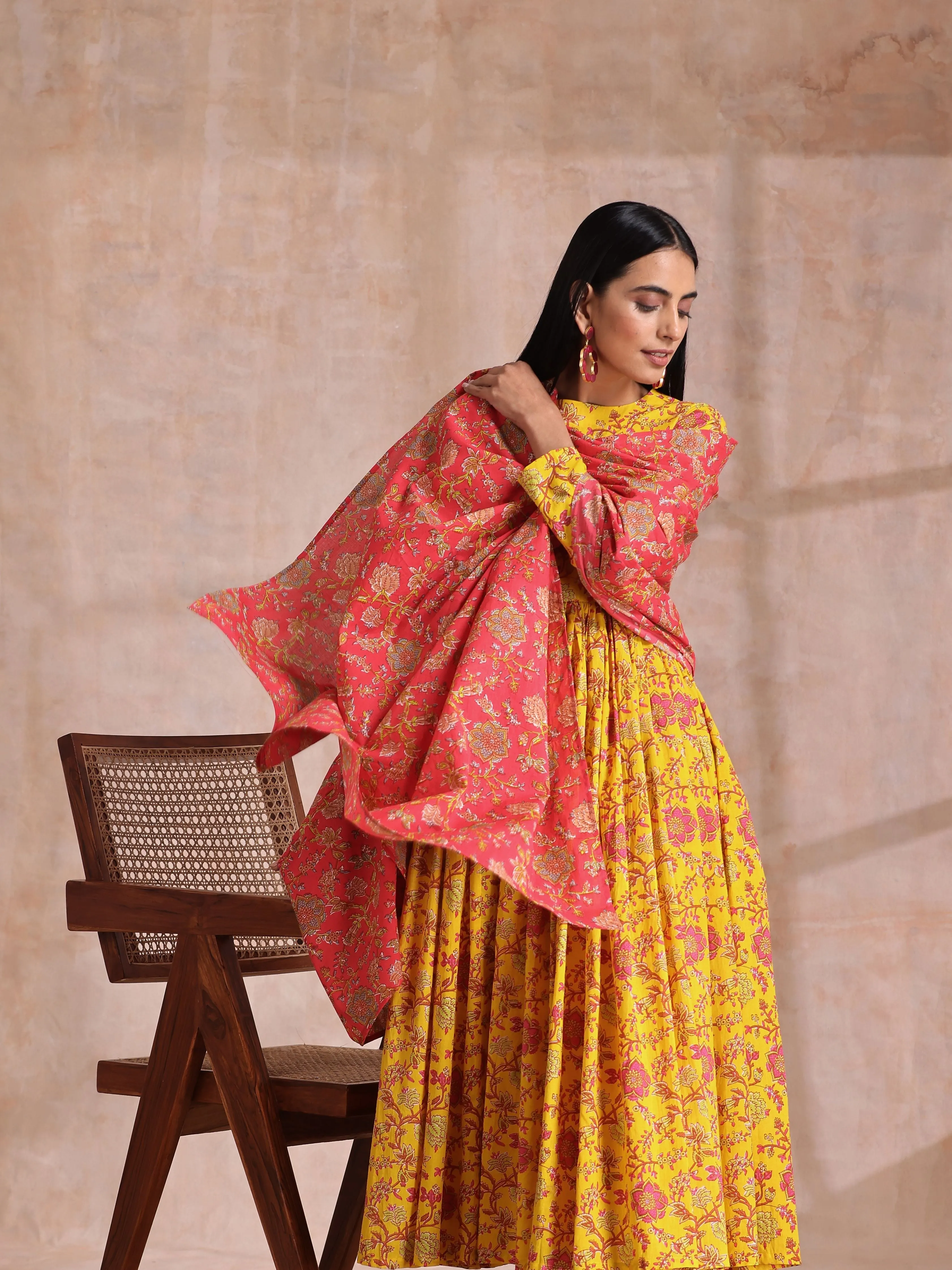 Sunshine Yellow Overall Floral Block Print Cotton Kurta Pant Dupatta Set