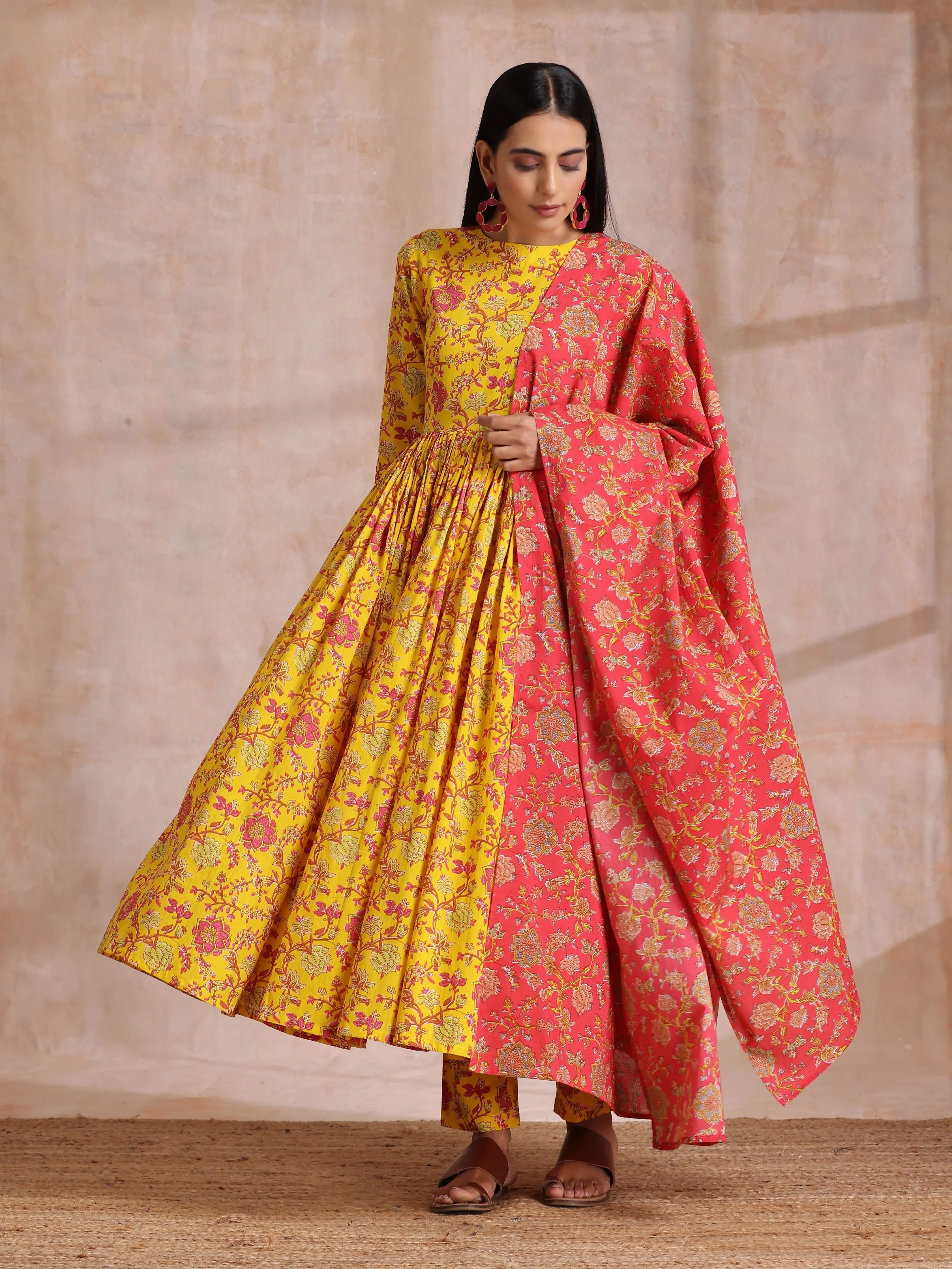 Sunshine Yellow Overall Floral Block Print Cotton Kurta Pant Dupatta Set