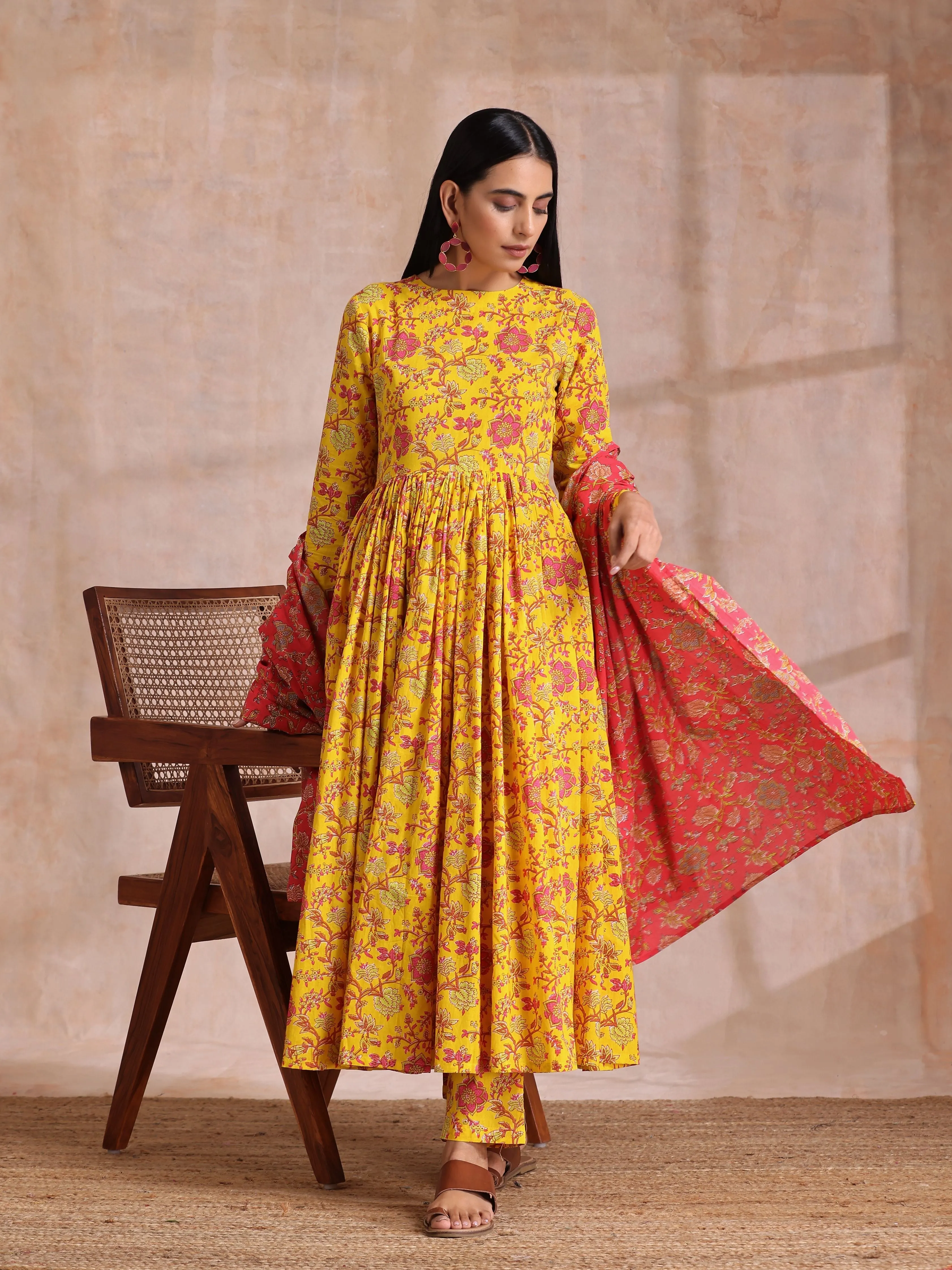 Sunshine Yellow Overall Floral Block Print Cotton Kurta Pant Dupatta Set