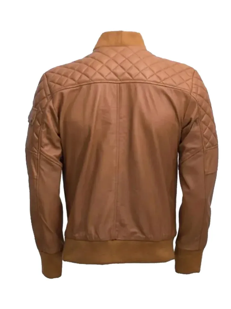 Tan Brown Quilted Bomber Leather Jacket