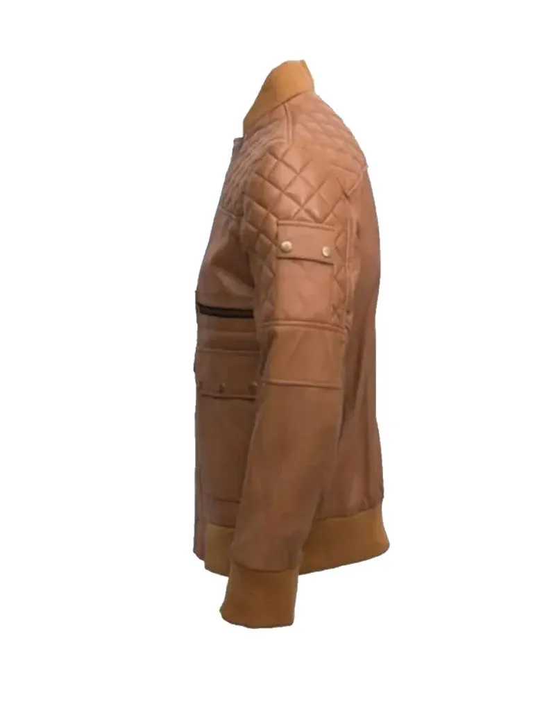 Tan Brown Quilted Bomber Leather Jacket