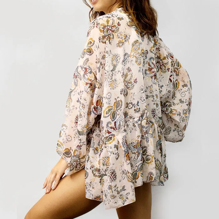 Tan Floral Semi-Sheer Kimono