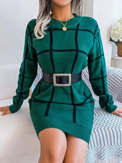 TEEK - Plaid Doable Dropped Shoulder Sweater Dress