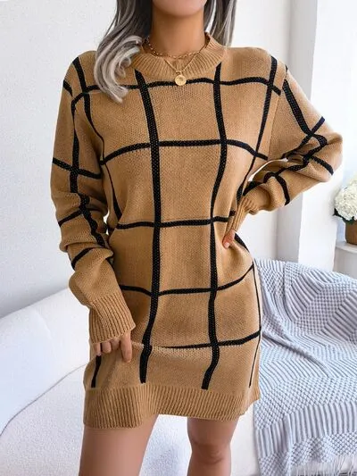 TEEK - Plaid Doable Dropped Shoulder Sweater Dress