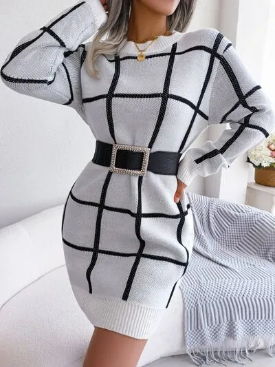 TEEK - Plaid Doable Dropped Shoulder Sweater Dress