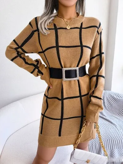 TEEK - Plaid Doable Dropped Shoulder Sweater Dress