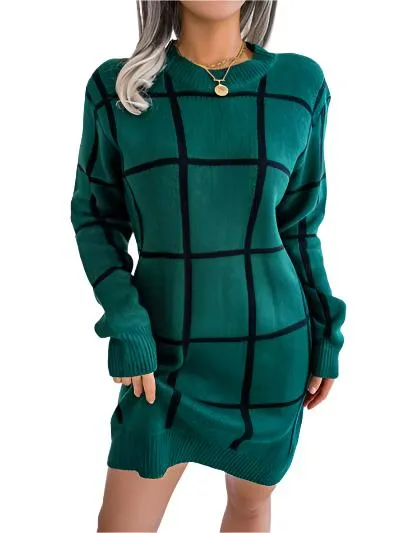 TEEK - Plaid Doable Dropped Shoulder Sweater Dress