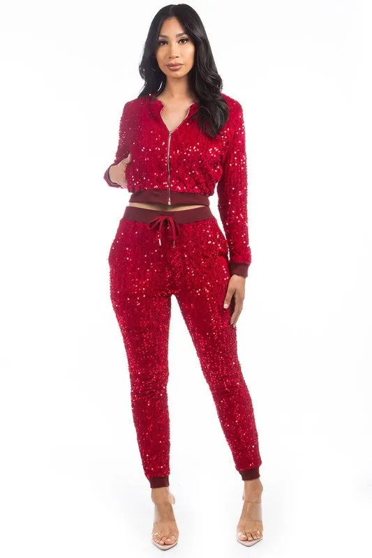 TEEK - RED SEQUIN TWO PIECE PANT SET