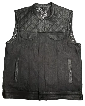 The "Club Diamond" Black Diamond Stitch Leather/Denim Club Vest