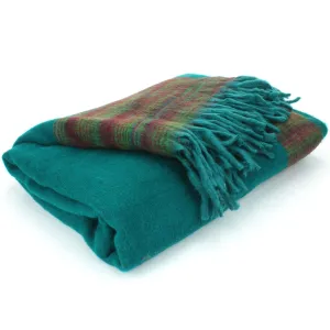 Tibetan Wool Blend Shawl Blanket - Teal with Green & Red Reverse