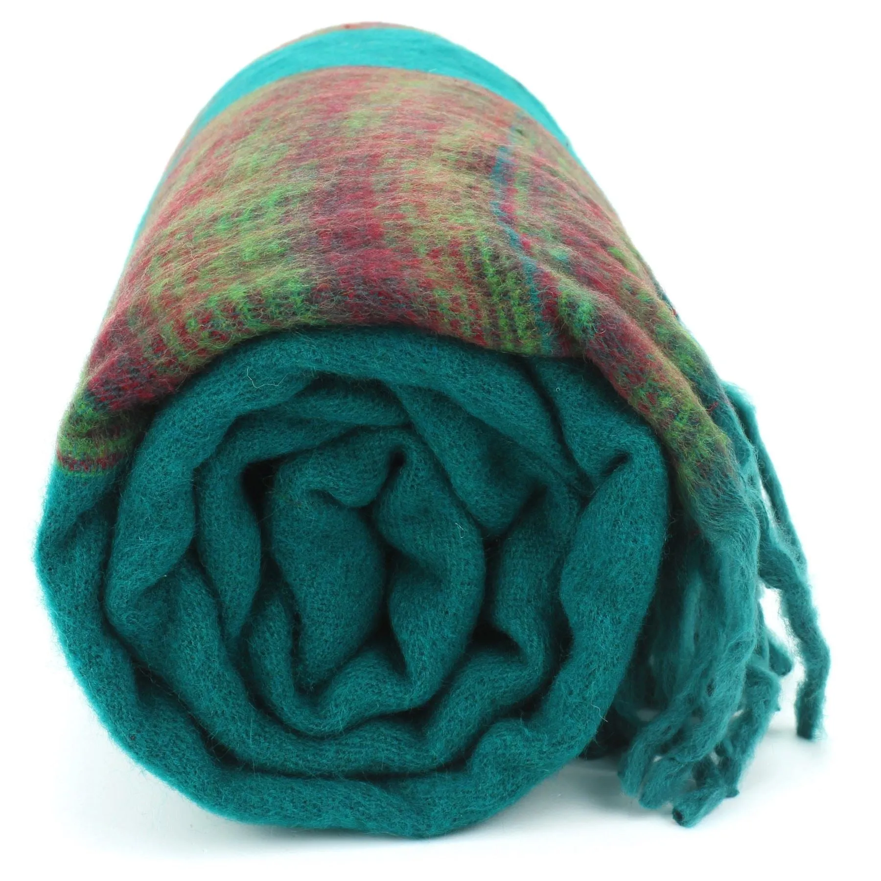 Tibetan Wool Blend Shawl Blanket - Teal with Green & Red Reverse