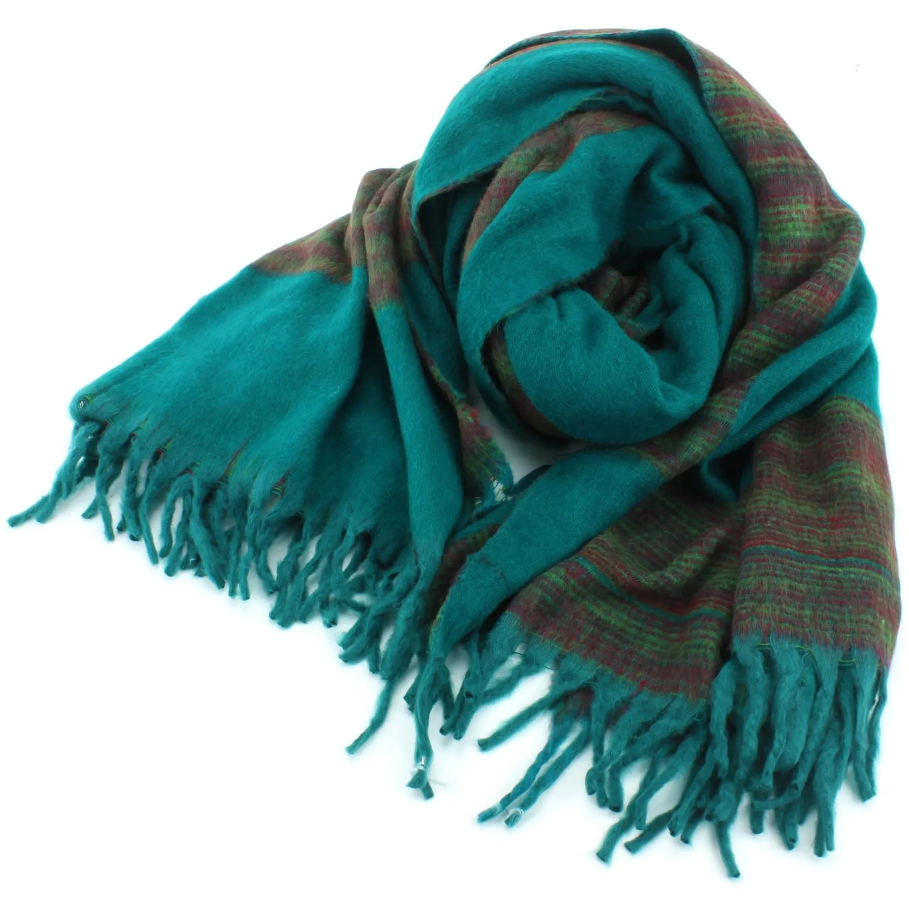 Tibetan Wool Blend Shawl Blanket - Teal with Green & Red Reverse