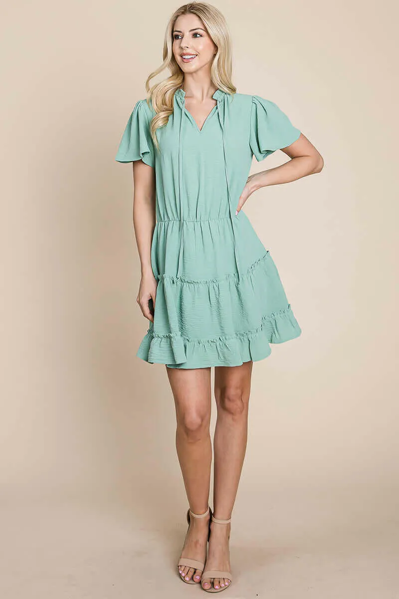 Tiered tie V neck Flutter Sleeve Flowy Tunic Dress