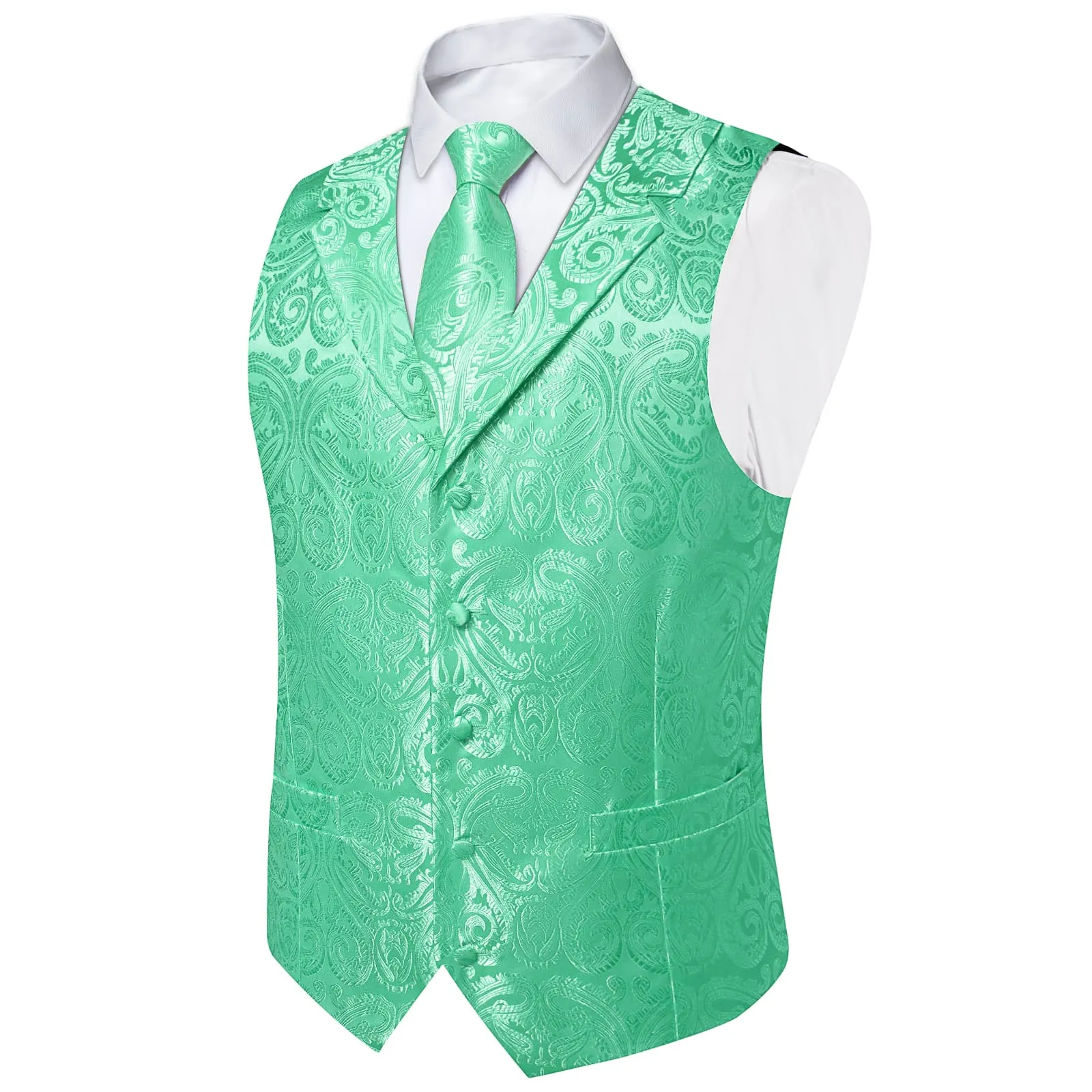 Ties2you Dress Vest Mint Green Paisley Notched Collar Silk Mens Work Vest Tie Set