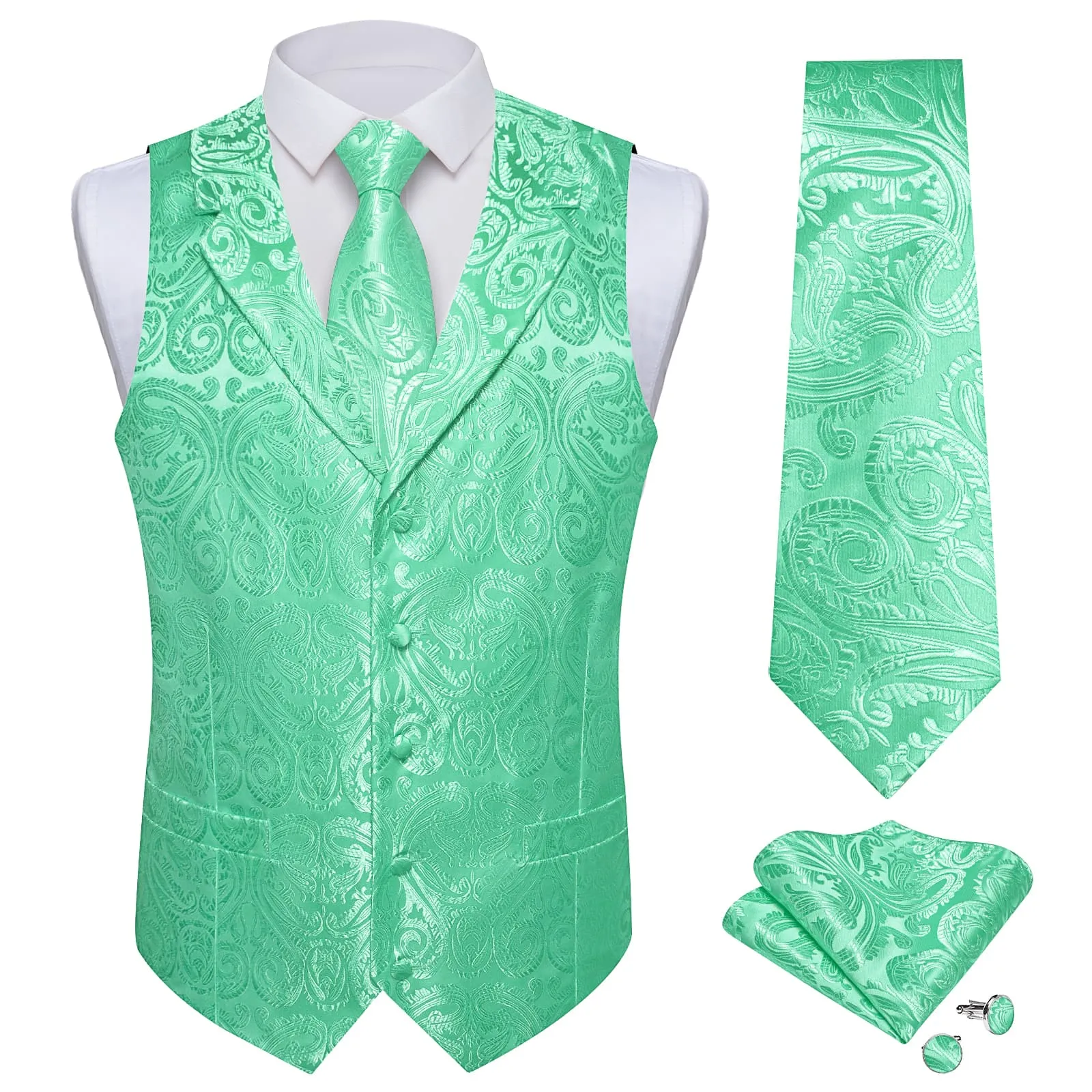 Ties2you Dress Vest Mint Green Paisley Notched Collar Silk Mens Work Vest Tie Set