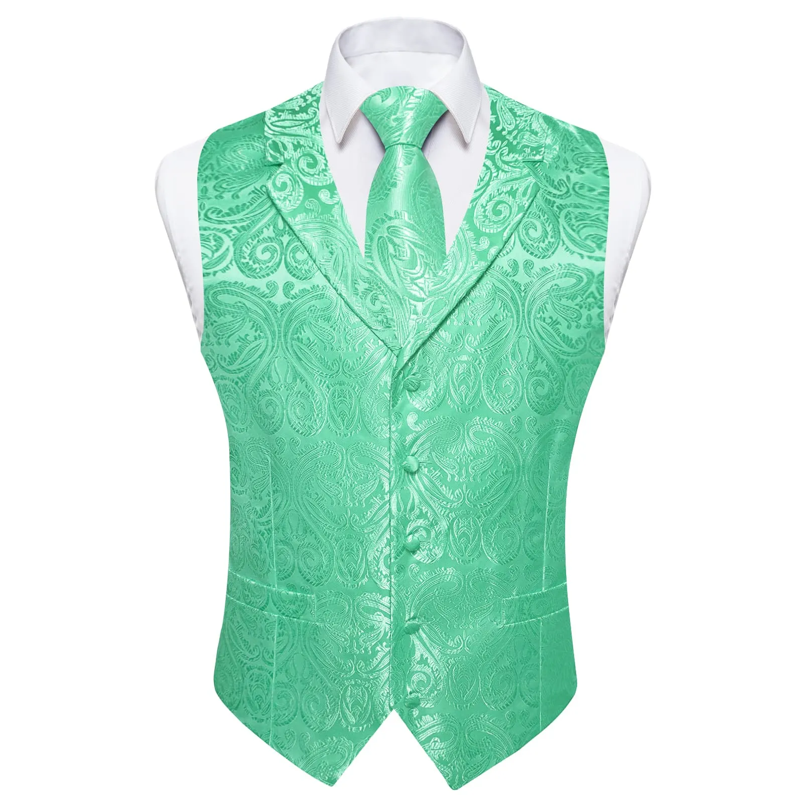 Ties2you Dress Vest Mint Green Paisley Notched Collar Silk Mens Work Vest Tie Set