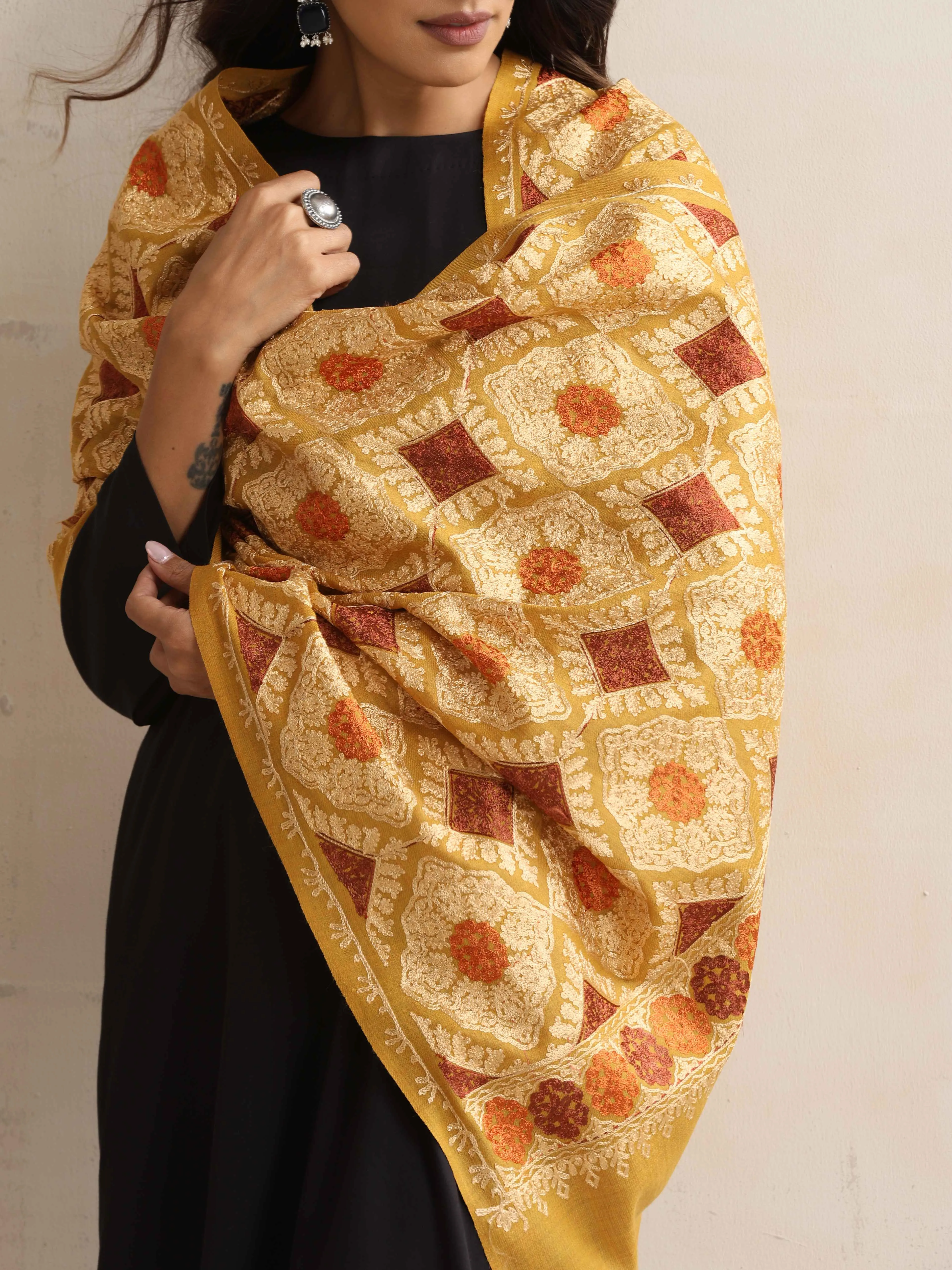 trueBrowns Mustard Embroidered  Woollen Stole