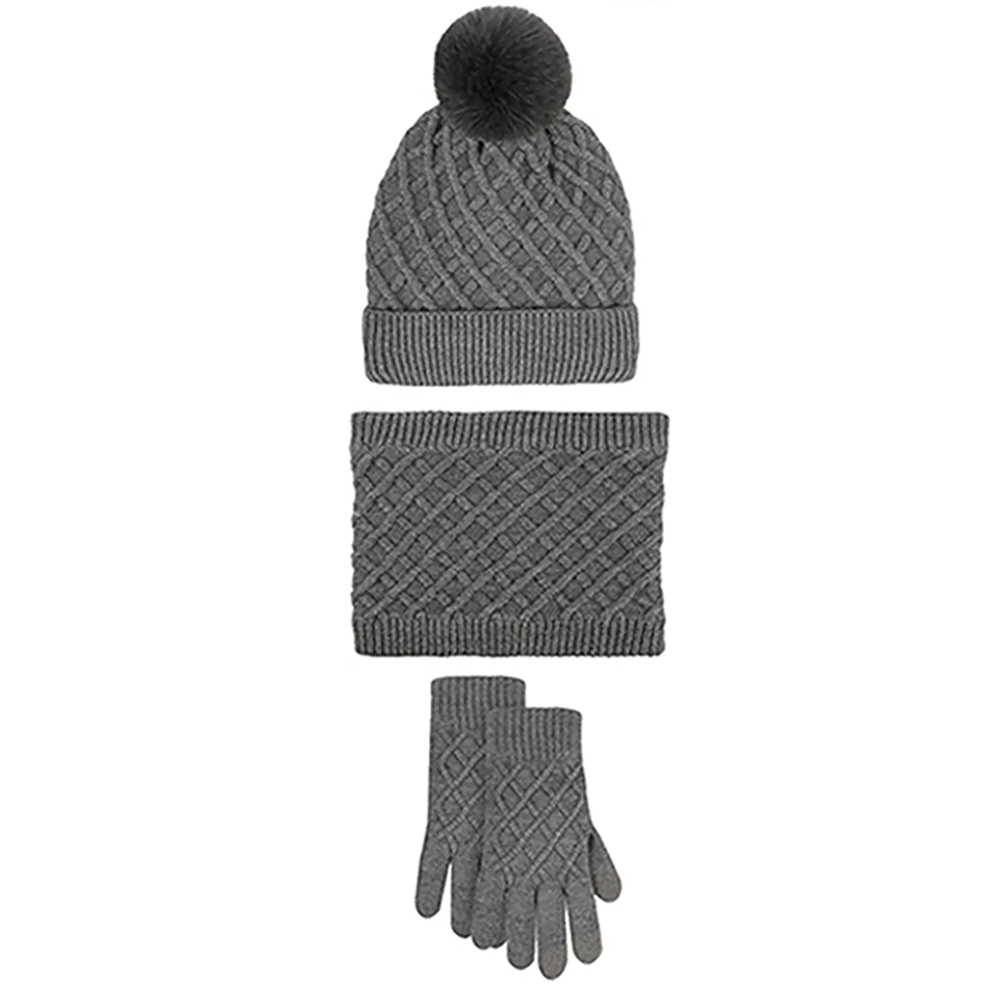 Unisex Winter Pom Pom Beanie Hat, Infinity Scarf and Glove Set