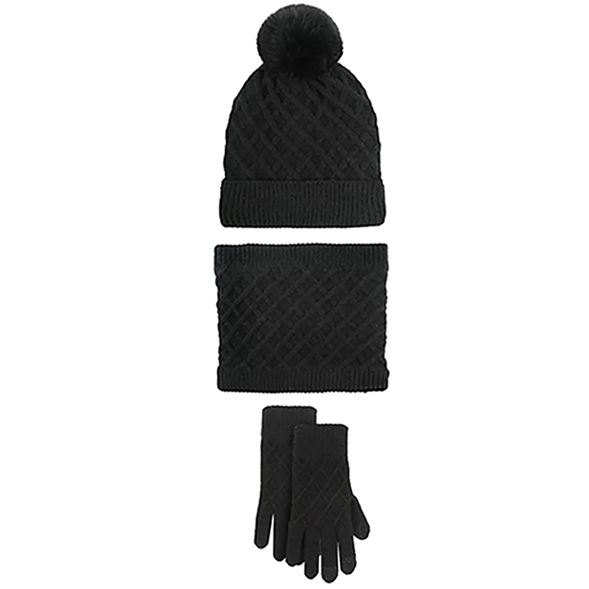 Unisex Winter Pom Pom Beanie Hat, Infinity Scarf and Glove Set