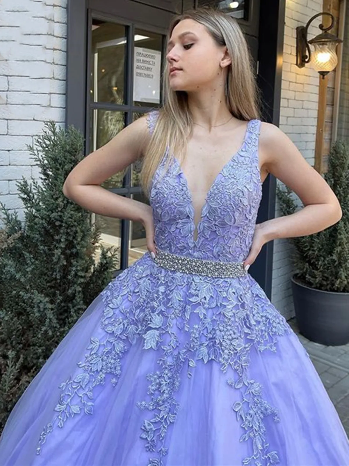 V Neck and V Back Purple Lace Long Prom with Belt, Open Back Purple Lace Formal Evening