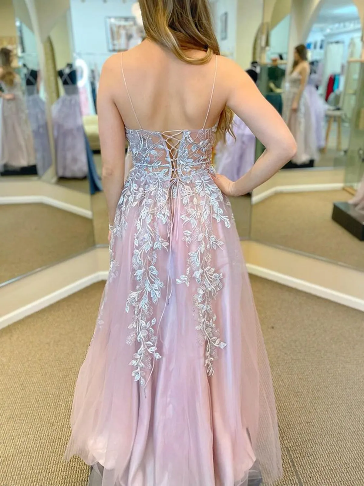 V Neck Backless Pink Long Prom Dresses with Lace Appliques, Pink Lace Formal Dresses, Long Pink Tulle Evening Dresses