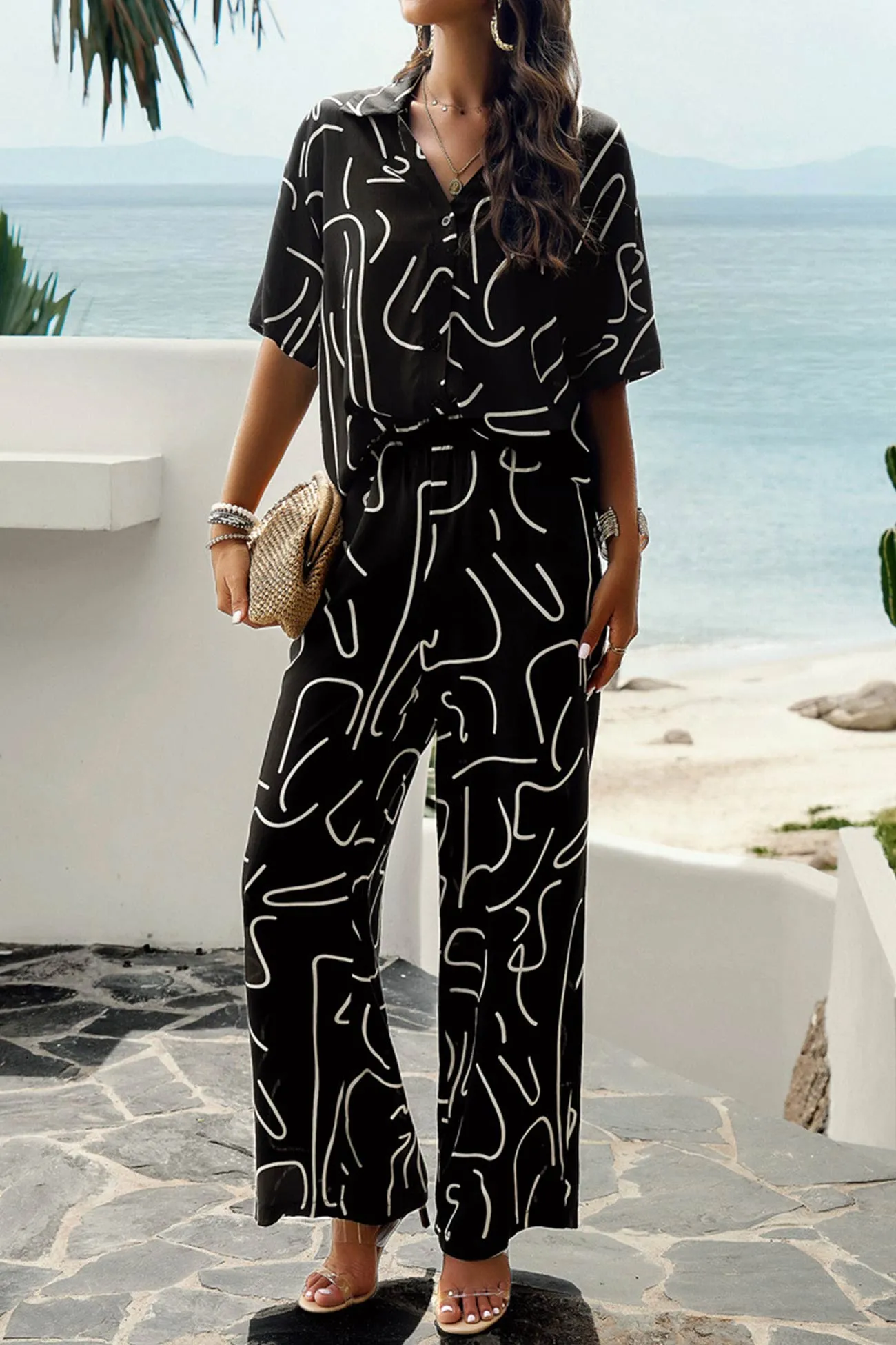 V Neck Printed Shirt Long Pants Set